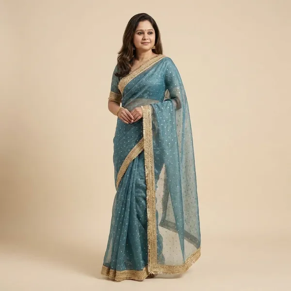 Women'S_Teal_Blue_Saree_With_Gold_Border_And_Embellishments