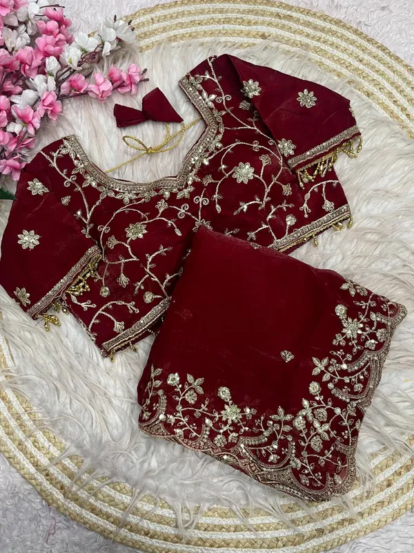 Maroon_Velvet_Embroidered_Lehenga_Choli_Set_With_Floral_Zari_Work