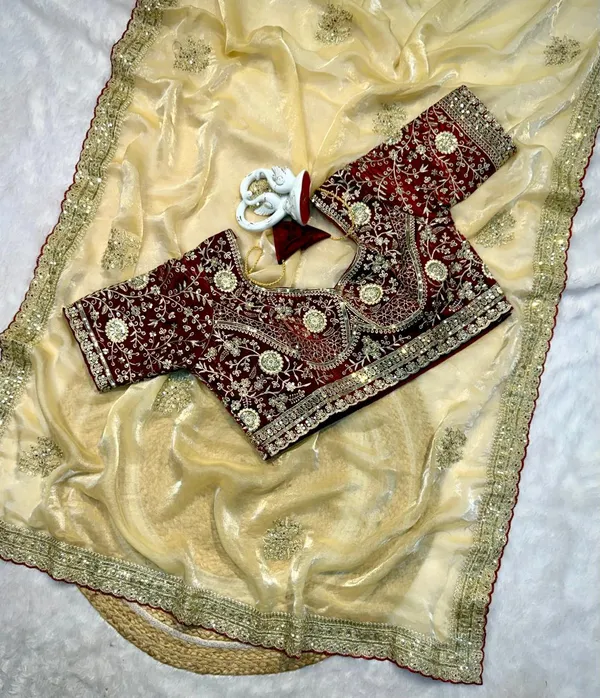 Elegant_Beige_Saree_With_Maroon_Embroidered_Blouse_Traditional_Indian_Ethnic_Wear