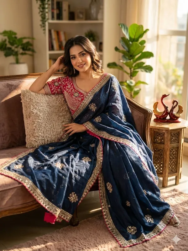 Navy_Blue_Silk_Saree_With_Golden_Border_And_Red_Embroidered_Blouse