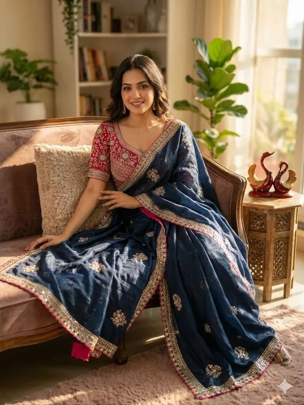Navy_Blue_Silk_Saree_With_Golden_Border_And_Red_Embroidered_Blouse