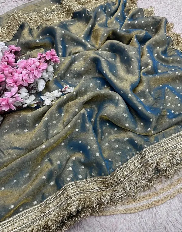 Elegant_Greyblue_Organza_Saree_With_Sequin_Work_And_Golden_Lace_Border