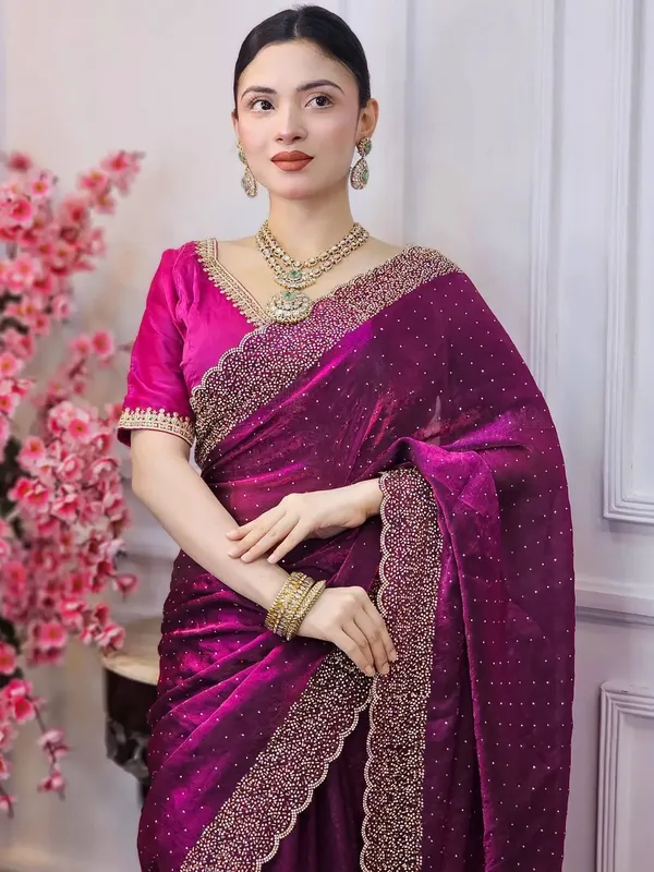 Magenta_Embellished_Saree_With_Embroidered_Border_And_Matching_Blouse