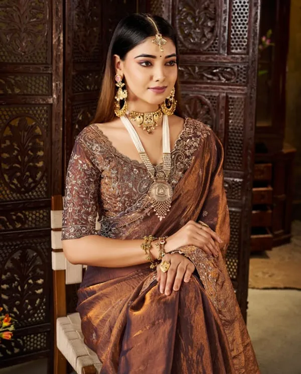 Brown_Designer_Saree_With_Embroidered_Blouse