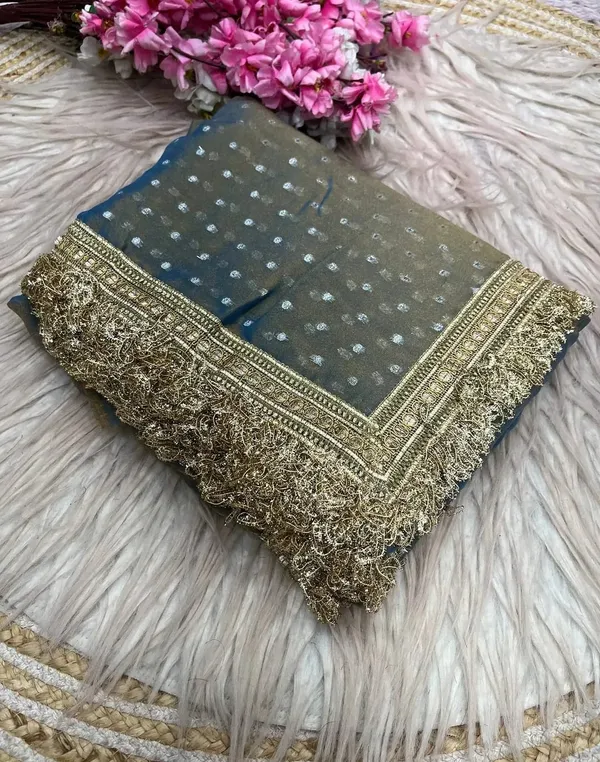 Grey_Net_Saree_With_Gold_Embroidered_Border_And_Polka_Dots