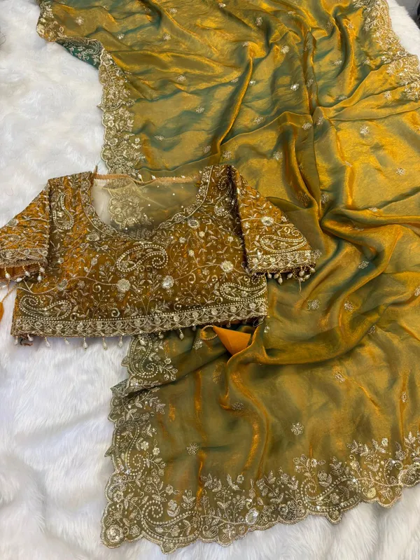 Embroidered_Organza_Saree_With_Blouse_Yellow_And_Green