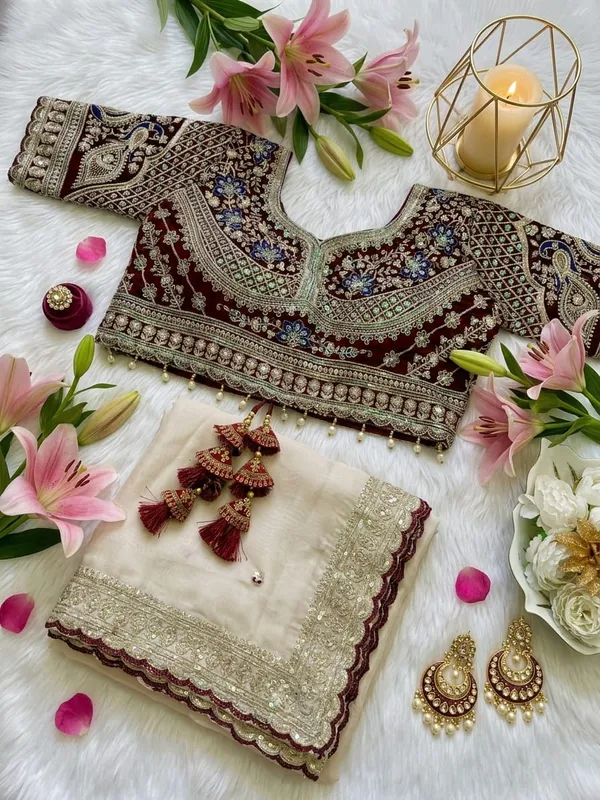 Maroon_Embellished_Blouse_With_Offwhite_Embroidered_Saree/Lehenga_Set
