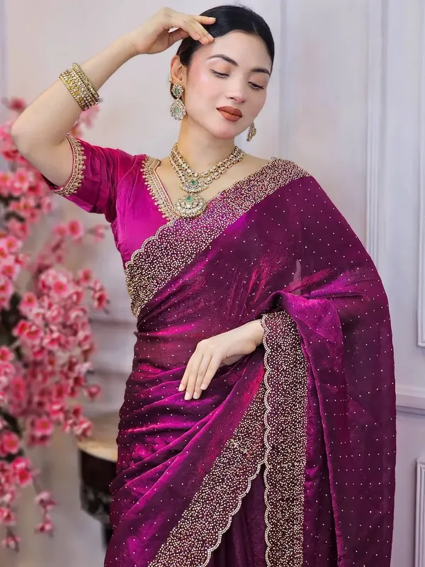 Magenta_Embellished_Saree_With_Embroidered_Border_And_Matching_Blouse