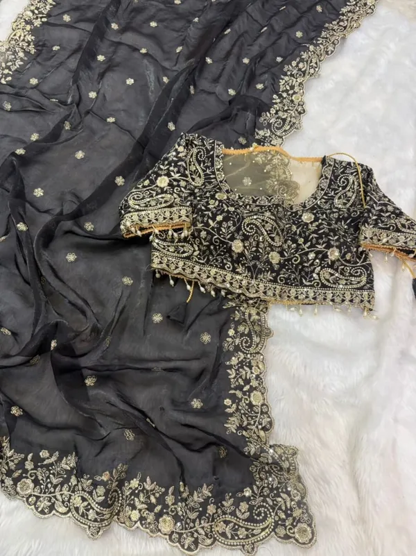 Black_Embroidered_Saree_With_Golden_Border_And_Blouse