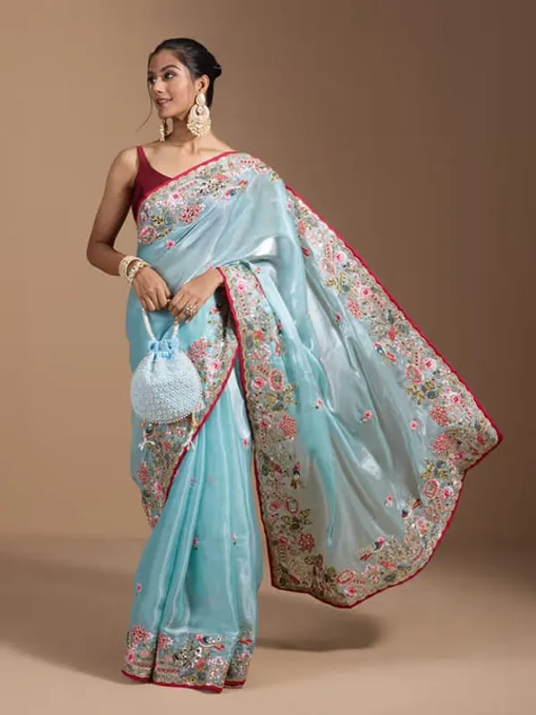 Sky_Blue_Embroidered_Organza_Saree_With_Floral_Border_And_Red_Blouse