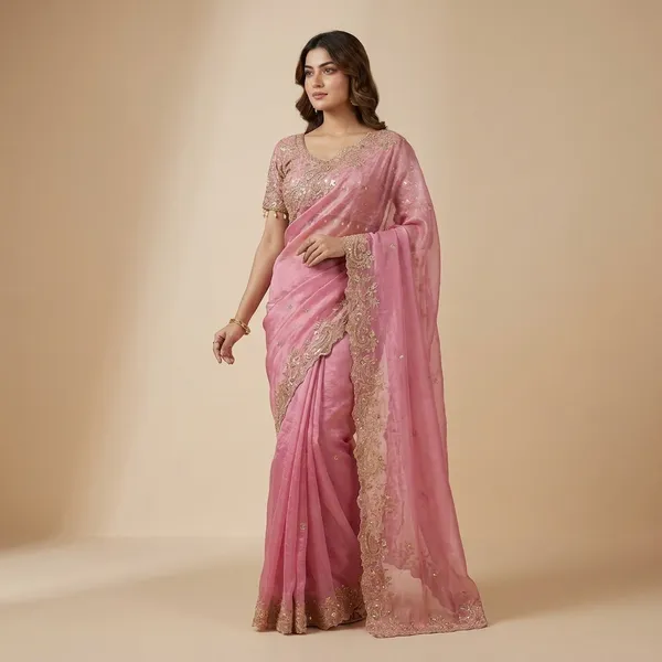 Pink_Embroidered_Net_Saree_With_Designer_Blouse