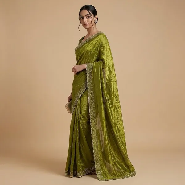 Olive_Green_Embellished_Saree_With_Heavy_Border_And_Blouse_Piece