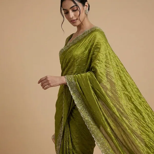 Olive_Green_Embellished_Saree_With_Heavy_Border_And_Blouse_Piece
