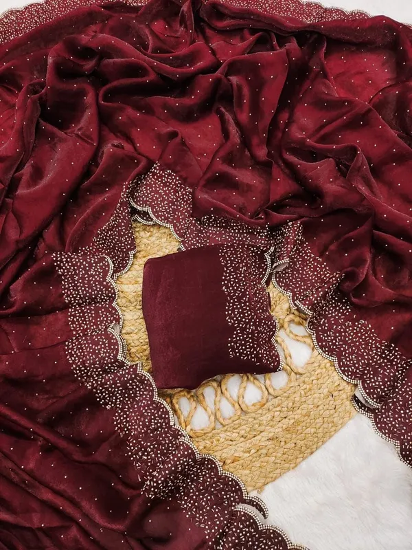 Maroon_Embellished_Georgette_Saree_With_Beige_Cutwork_Blouse