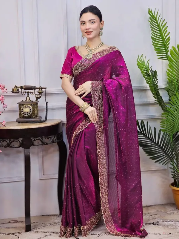Magenta_Embellished_Saree_With_Embroidered_Border_And_Matching_Blouse