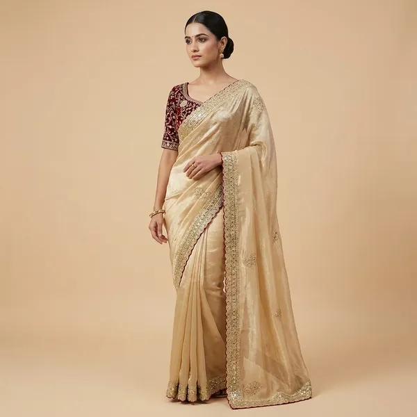 Elegant_Beige_Saree_With_Maroon_Embroidered_Blouse_Traditional_Indian_Ethnic_Wear