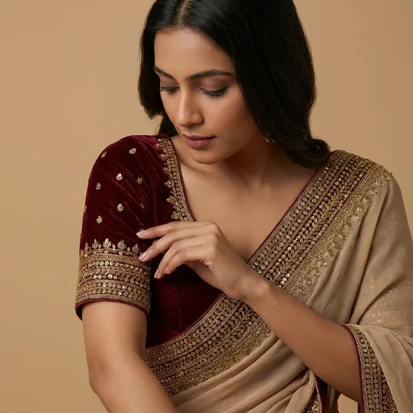 Elegant_Beige_Saree_With_Maroon_Embroidered_Blouse_Traditional_Indian_Ethnic_Wear