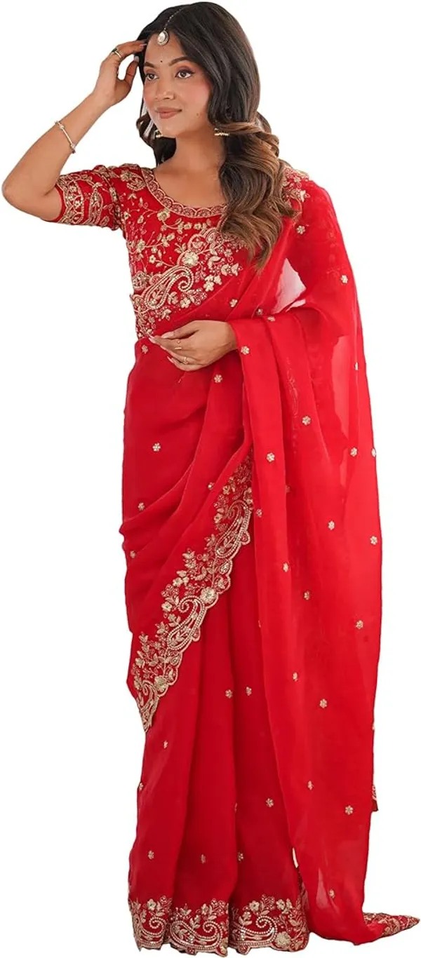 Red_Embroidered_Saree_With_Golden_Embellished_Blouse