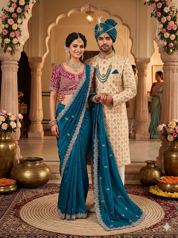 Teal_Blue_Embroidered_Wedding_Saree_With_Pink_Sequin_Blouse