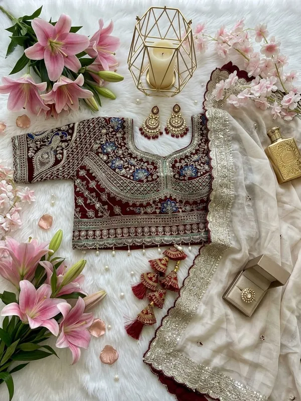 Maroon_Embellished_Blouse_With_Offwhite_Embroidered_Saree/Lehenga_Set