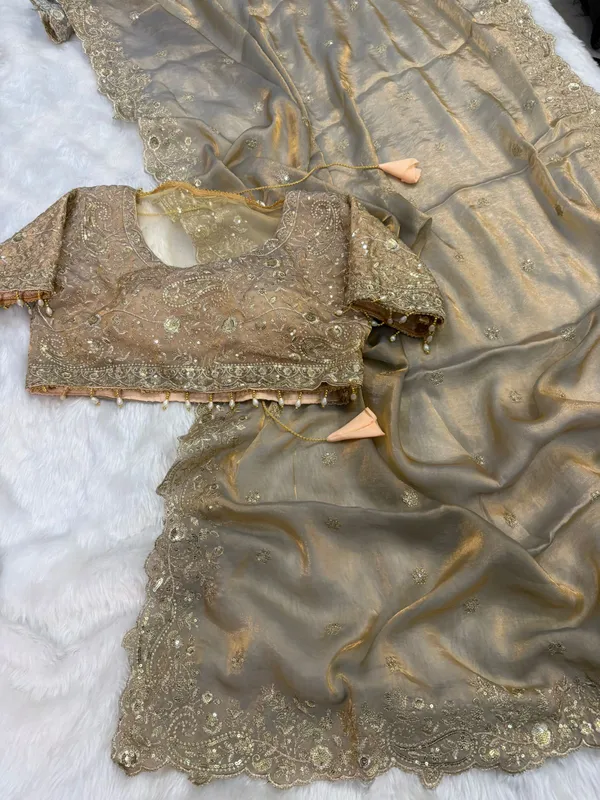 Elegant_Embroidered_Organza_Saree_With_Blouse_Piece_Olive_Green