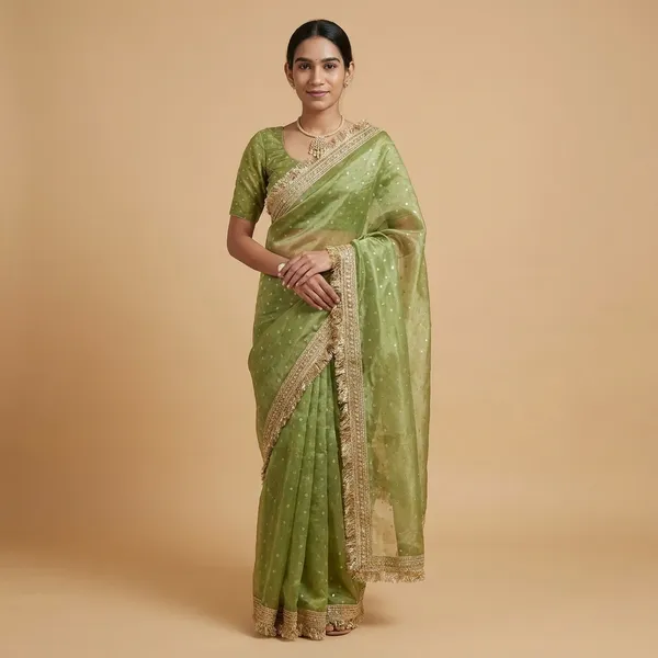 Olive_Green_Organza_Saree_With_Golden_Embroidered_Border_And_Blouse_Piece