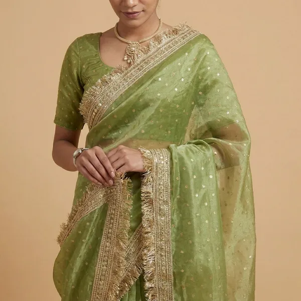 Olive_Green_Organza_Saree_With_Golden_Embroidered_Border_And_Blouse_Piece