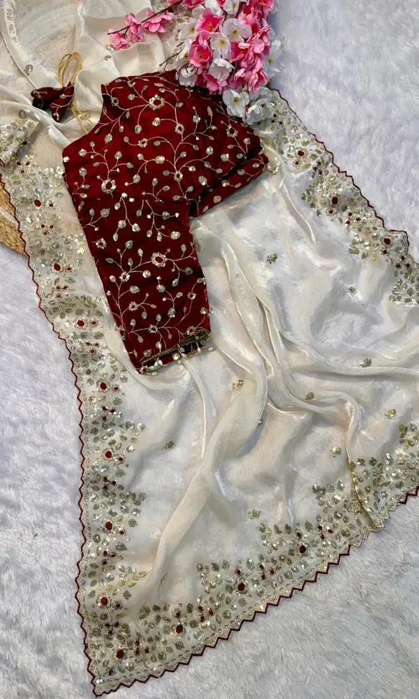 White_Organza_Saree_With_Sequin_Border_And_Maroon_Embroidered_Blouse
