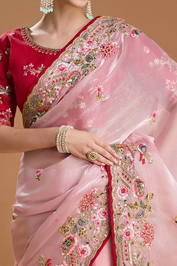 Pink_Organza_Embroidered_Saree_With_Red_Embroidered_Blouse