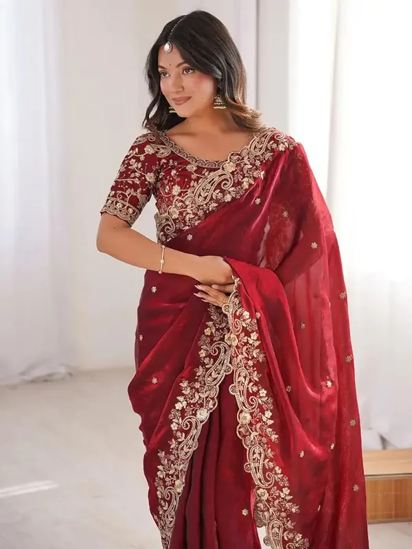 Maroon_Embroidered_Net_Saree_With_Golden_Border_And_Blouse