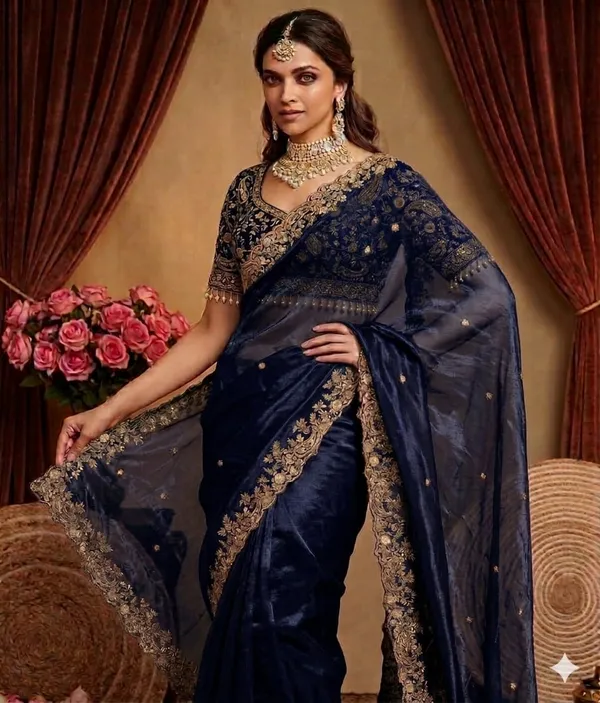 Navy_Blue_Embellished_Net_Saree_With_Heavy_Border