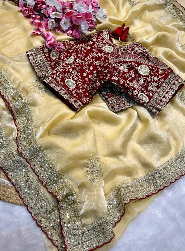 Elegant_Beige_Saree_With_Maroon_Embroidered_Blouse_Traditional_Indian_Ethnic_Wear