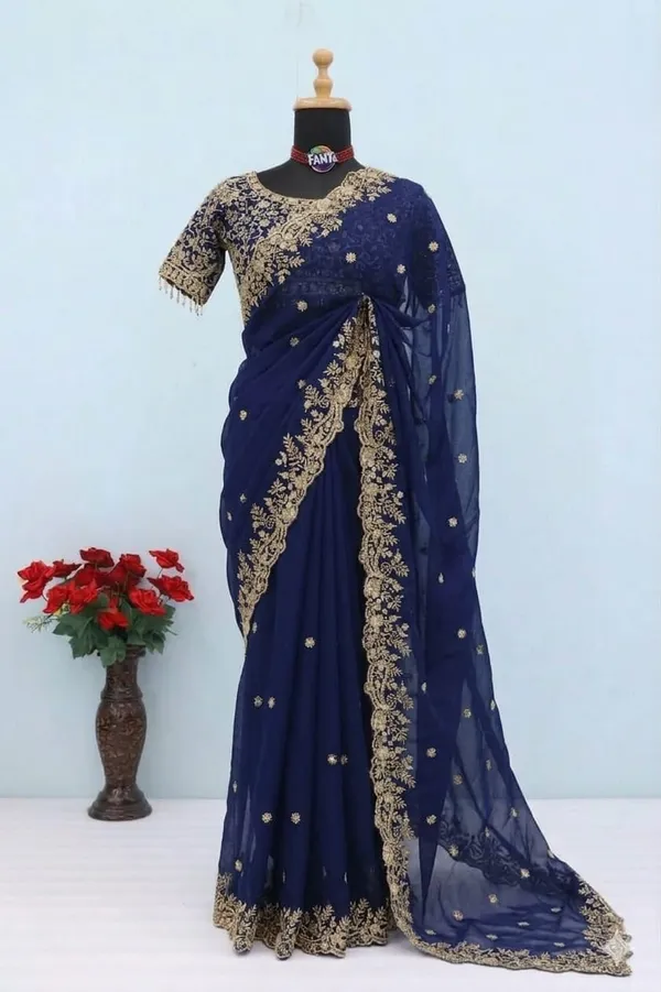 Navy_Blue_Embroidered_Saree_With_Heavy_Golden_Zari_Work_And_Blouse