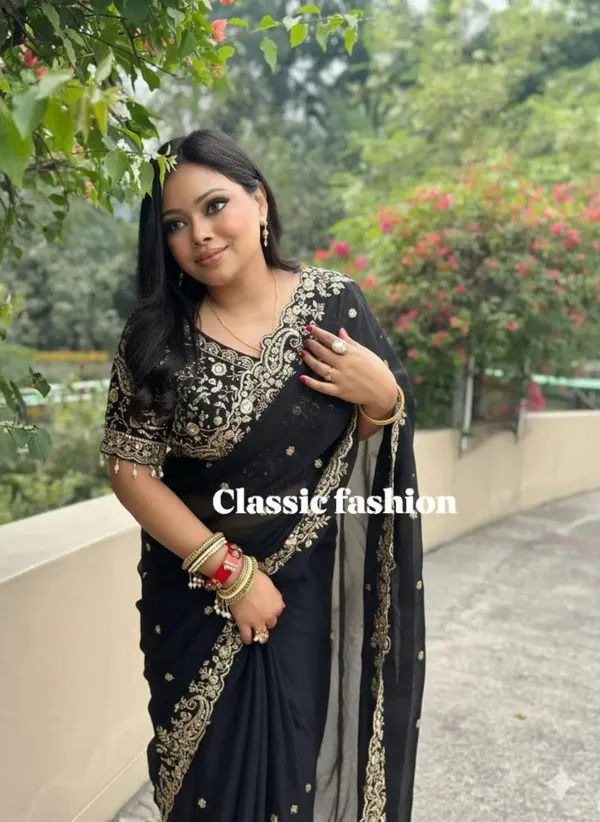 Black_Embroidered_Saree_With_Golden_Border_And_Blouse