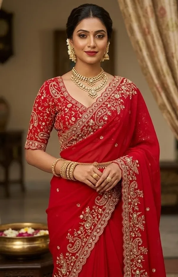 Red_Embroidered_Bridal_Saree_With_Heavy_Work_Blouse_And_Jewelry_Set
