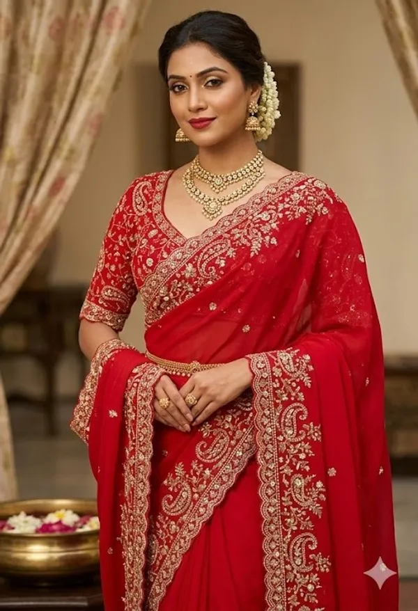 Red_Embroidered_Bridal_Saree_With_Heavy_Work_Blouse_And_Jewelry_Set