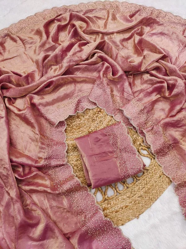 Luxurious_Velvet_Saree_With_Embellished_Border_And_Blouse_Piece_Pink_And_Gold