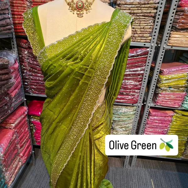 Olive_Green_Embellished_Saree_With_Heavy_Border_And_Blouse_Piece