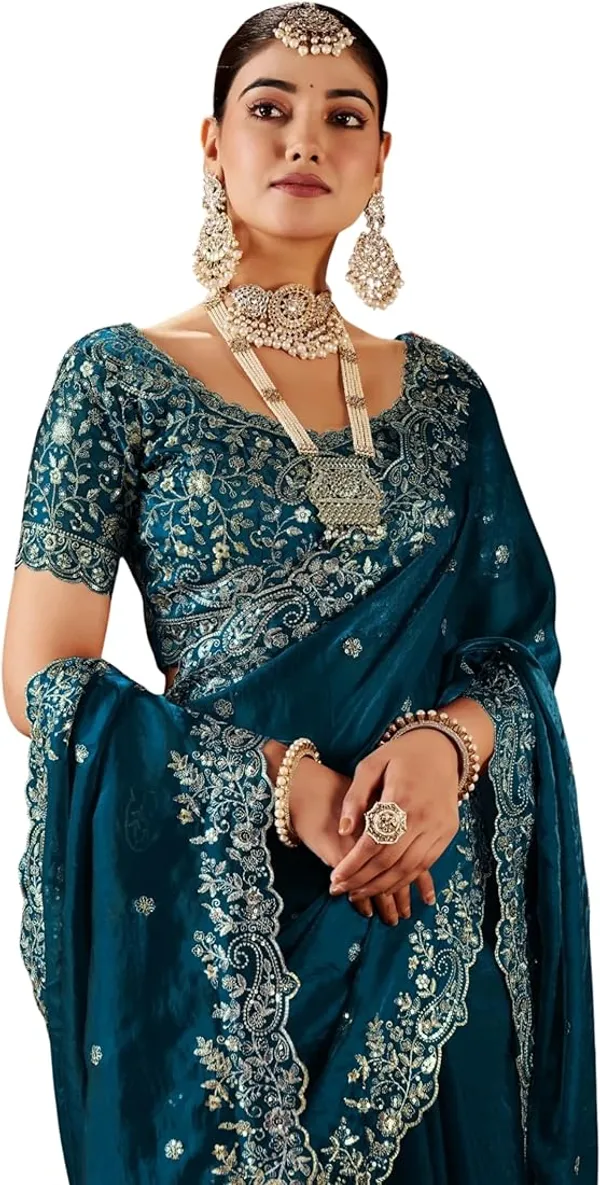 Teal_Blue_Embroidered_Saree_With_Heavy_Embellished_Blouse