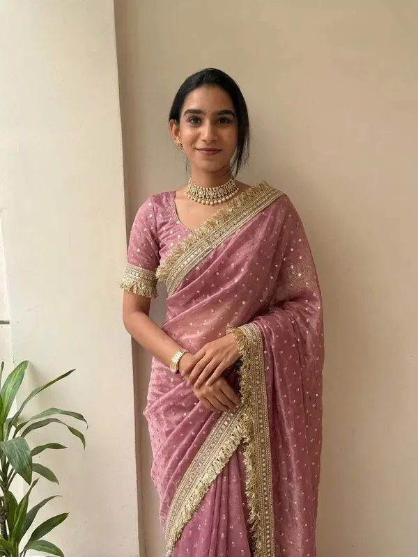 Pink_Embroidered_Organza_Saree_With_Golden_Border_And_Blouse_Piece