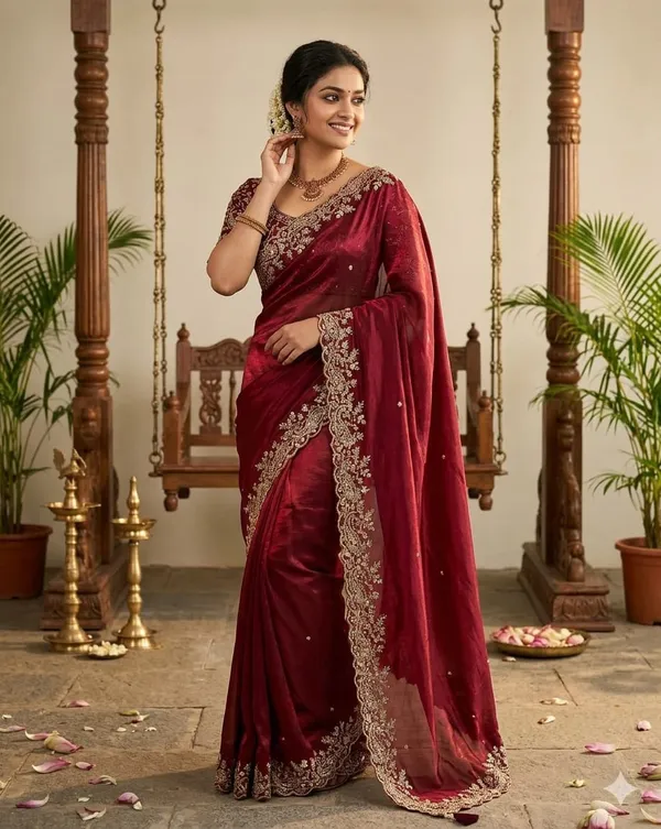 Maroon_Velvet_Embroidered_Saree_With_Heavy_Zari_Work_And_Designer_Blouse