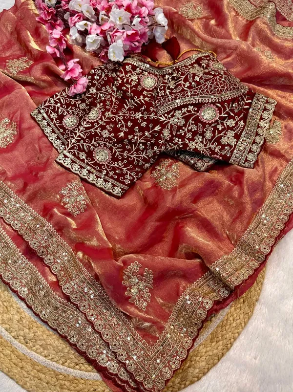 Peach_Embroidered_Organza_Silk_Saree_With_Maroon_Velvet_Embellished_Blouse