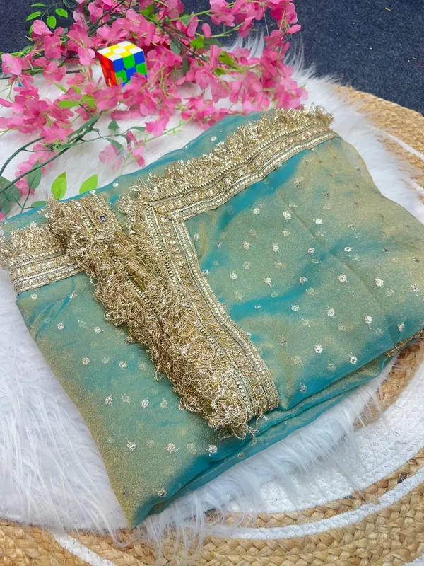 Sea_Green_Embroidered_Saree_With_Golden_Border_And_Dupatta