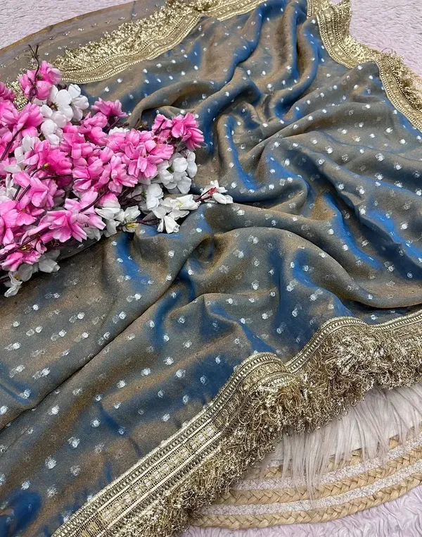 Grey_Net_Saree_With_Gold_Embroidered_Border_And_Polka_Dots