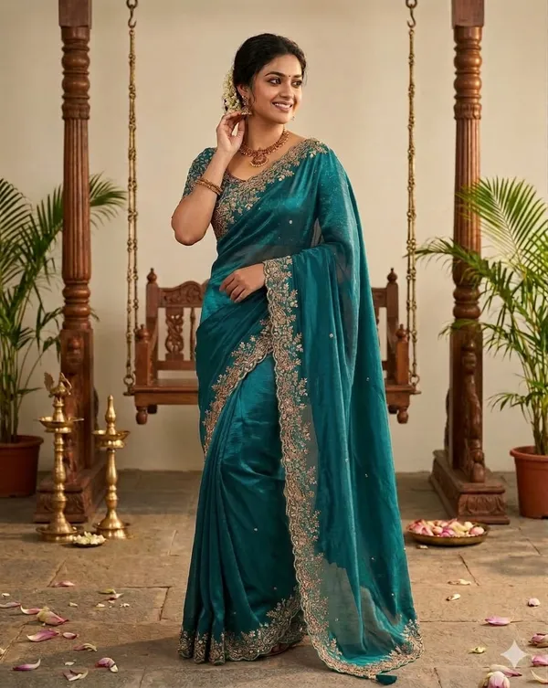 Teal_Green_Embellished_Saree_With_Heavy_Border
