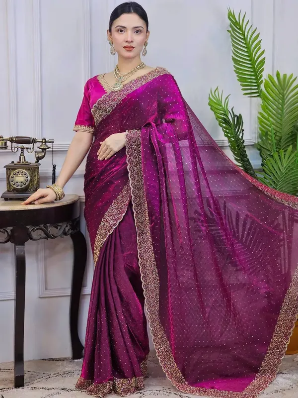 Magenta_Embellished_Saree_With_Embroidered_Border_And_Matching_Blouse