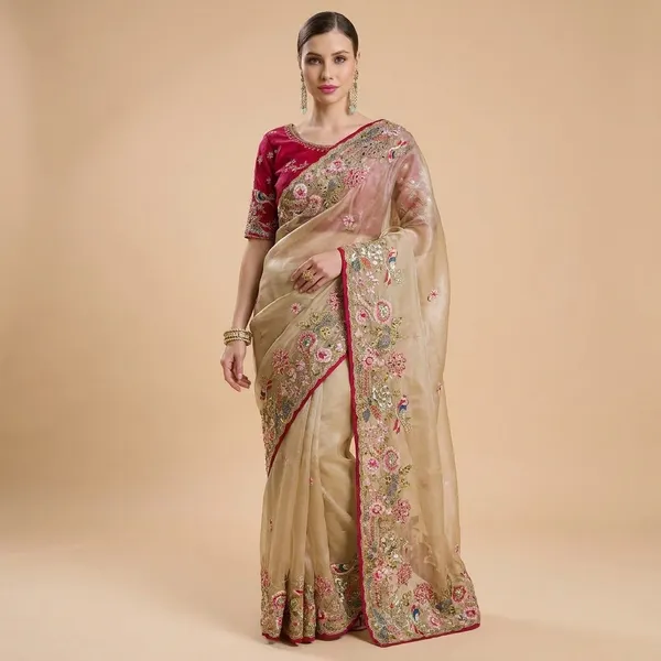 Elegant_Embroidered_Saree_With_Designer_Blouse_Cream_And_Red_Floral_Work