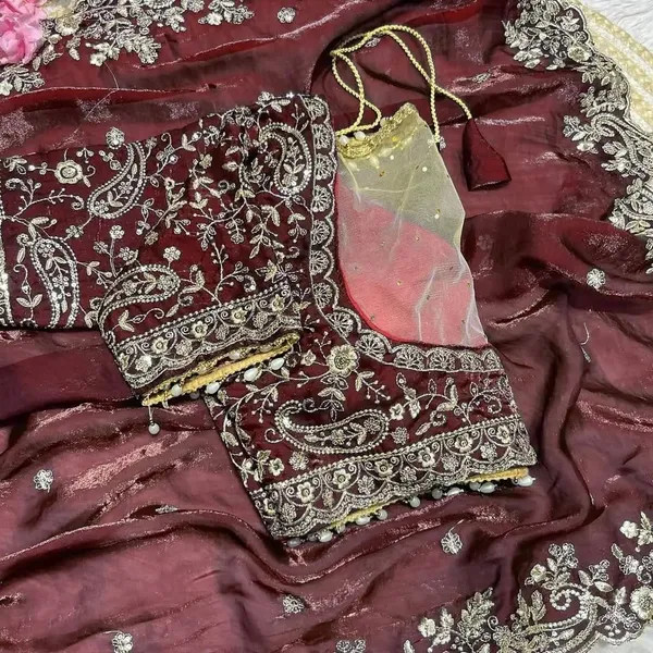 Maroon_Embellished_Organza_Saree_With_Heavy_Border_And_Blouse_Piece