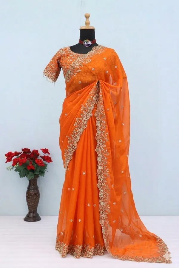 Elegant_Orange_Embroidered_Saree_With_Blouse