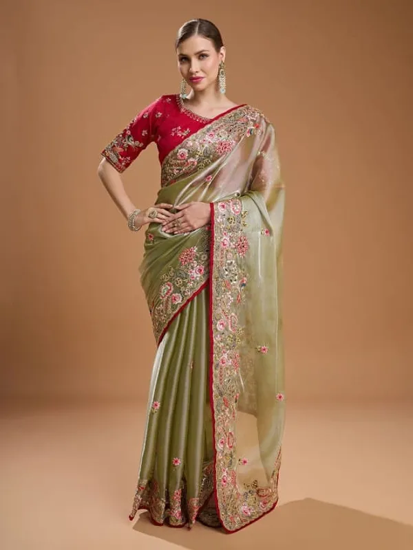 Olive_Green_Embroidered_Saree_With_Red_Blouse
